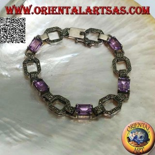 Silberarmband mit 5 natürlichen rechteckigen Amethysten im Wechsel mit Markasitringen