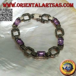 Silver bracelet with 5 natural rectangular amethysts set alternating with marcasite rings