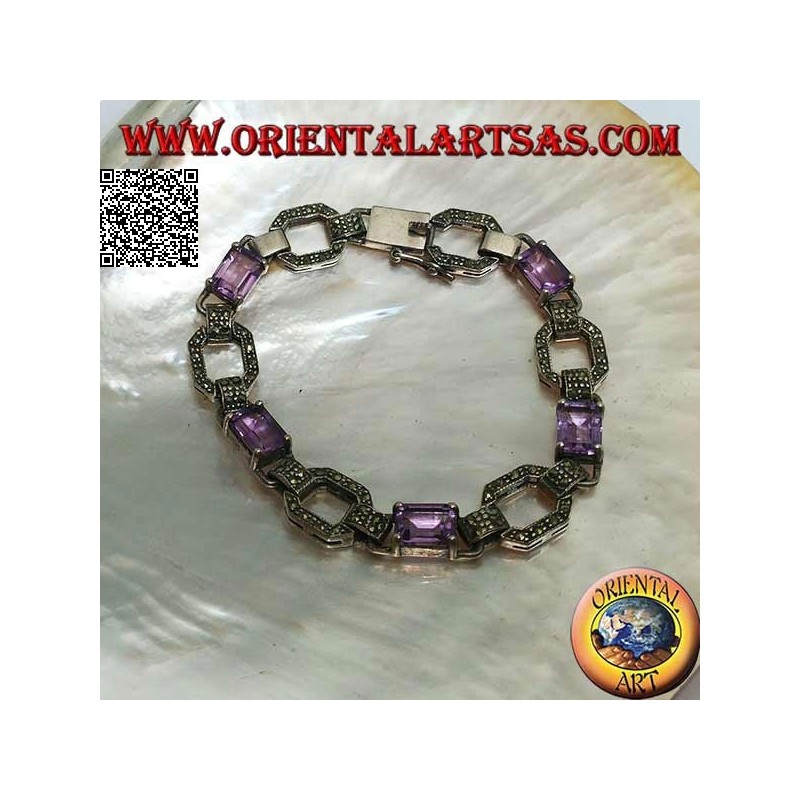 Silver bracelet with 5 natural rectangular amethysts set alternating with marcasite rings
