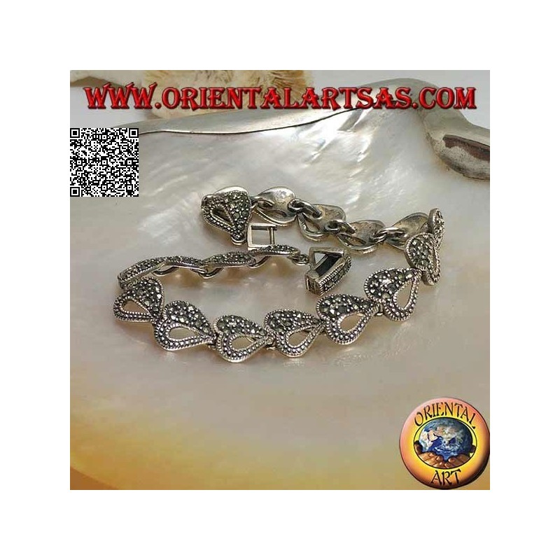 Bracelet en argent avec 18 coeurs mi-percés et mi-cloutés de marcassite