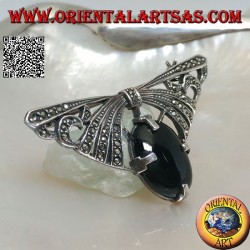 Silver brooch in the shape of a bow studded with marcasite with oval onyx set below