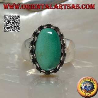 Bague en argent avec turquoise tibétaine antique ovale naturelle sertie de disques à tissage latéral