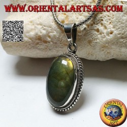 Silver pendant with oval cabochon labradorite surrounded by two-dimensional double weave