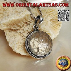 Silver pendant with Sri Yantra engraved on a round rock crystal and braided border