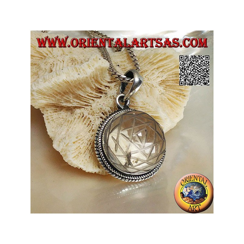 Silver pendant with Sri Yantra engraved on a round rock crystal and braided border