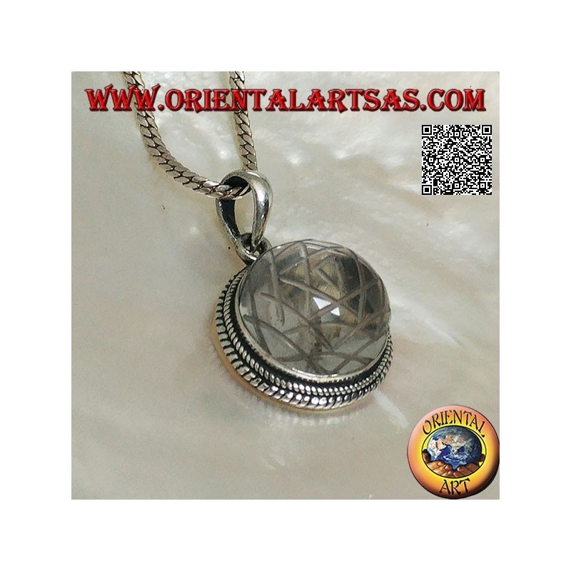 Silver pendant with Sri Yantra engraved on a round rock crystal and braided border