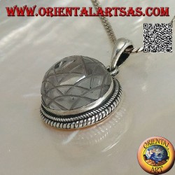 Silver pendant with Sri Yantra engraved on a round rock crystal and braided border