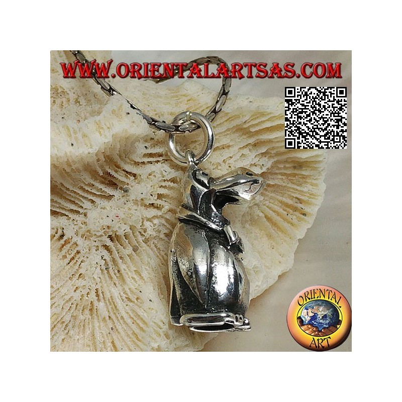 Three-dimensional penguin-shaped silver pendant with bow tie