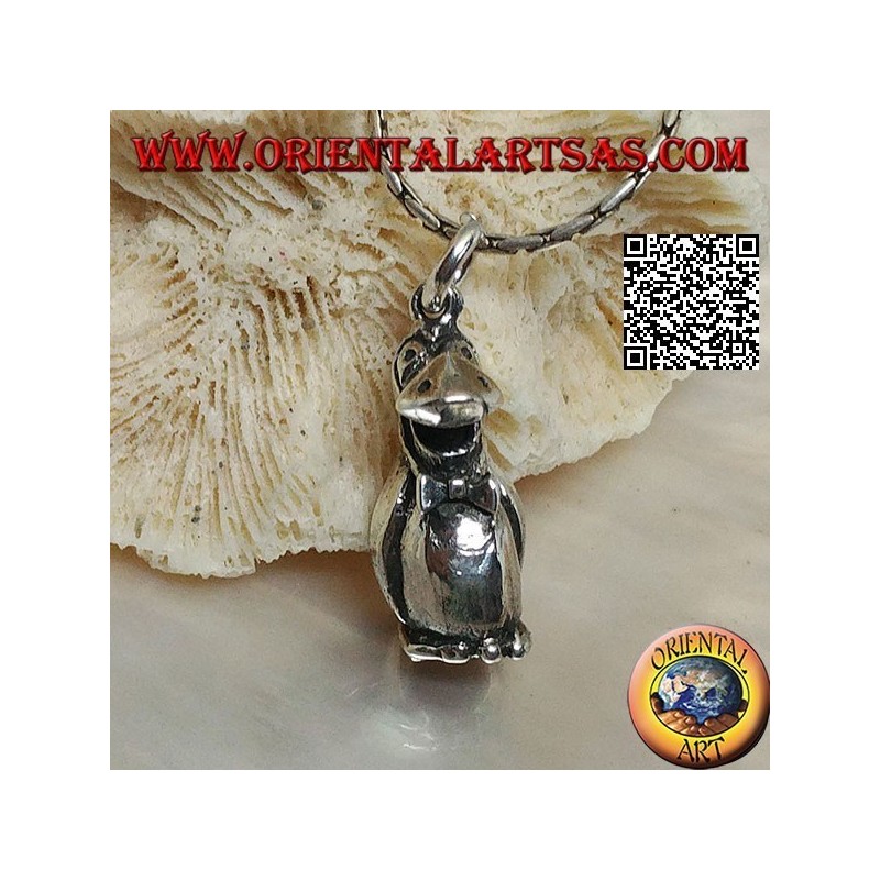 Three-dimensional penguin-shaped silver pendant with bow tie