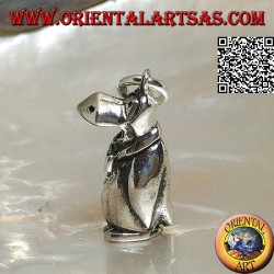 Three-dimensional penguin-shaped silver pendant with bow tie