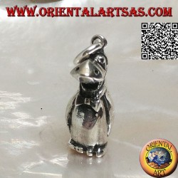 Three-dimensional penguin-shaped silver pendant with bow tie