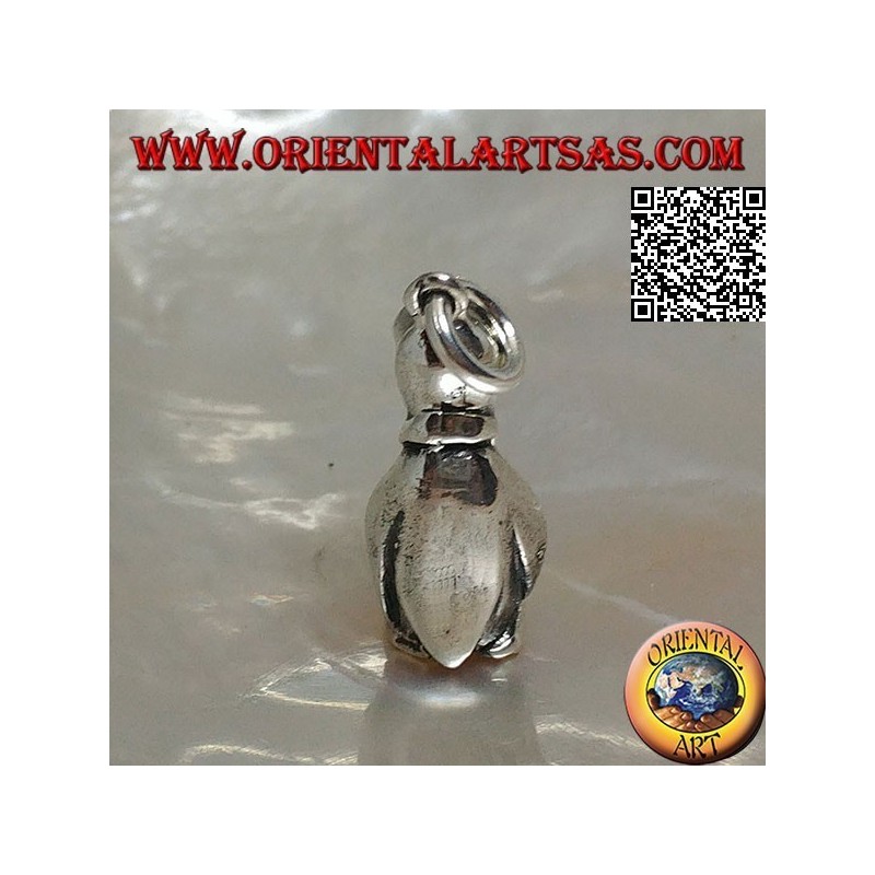 Three-dimensional penguin-shaped silver pendant with bow tie