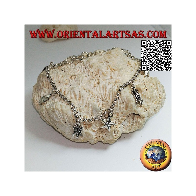 Bracelet chaîne en argent doux avec étoiles suspendues et tortues