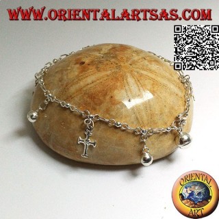 Bracelet chaîne en argent doux avec croix et cloches suspendues