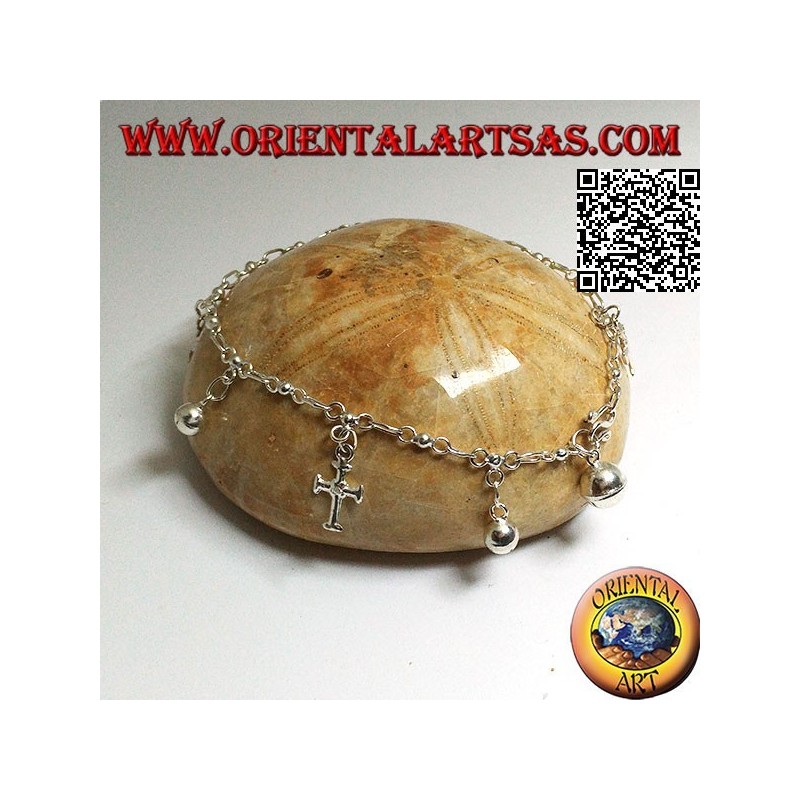 Soft silver chain bracelet with hanging crosses and bells