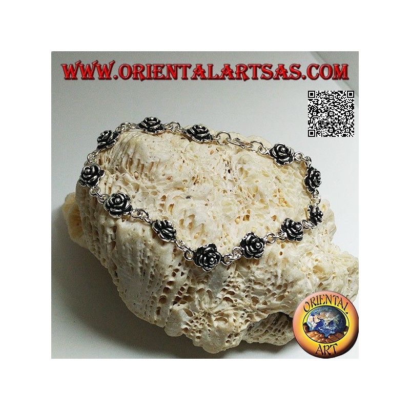 Bracciale in argento morbido a catenella con fila di rose con piastra sotto