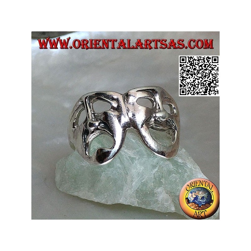 Silver ring theater masks of Greek comedy and tragedy