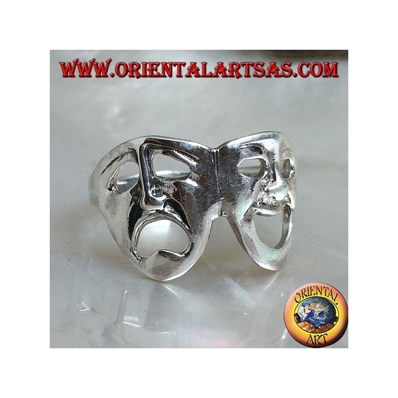 Silver ring theater masks of Greek comedy and tragedy