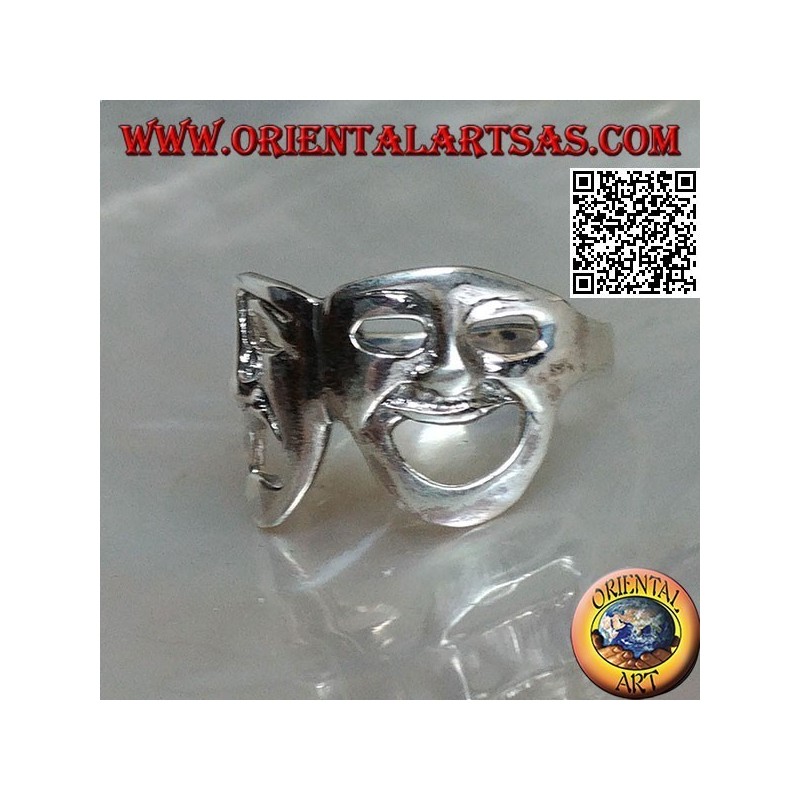 Anello in argento liscio, le maschere teatrali della commedia e tragedia greca (grande)