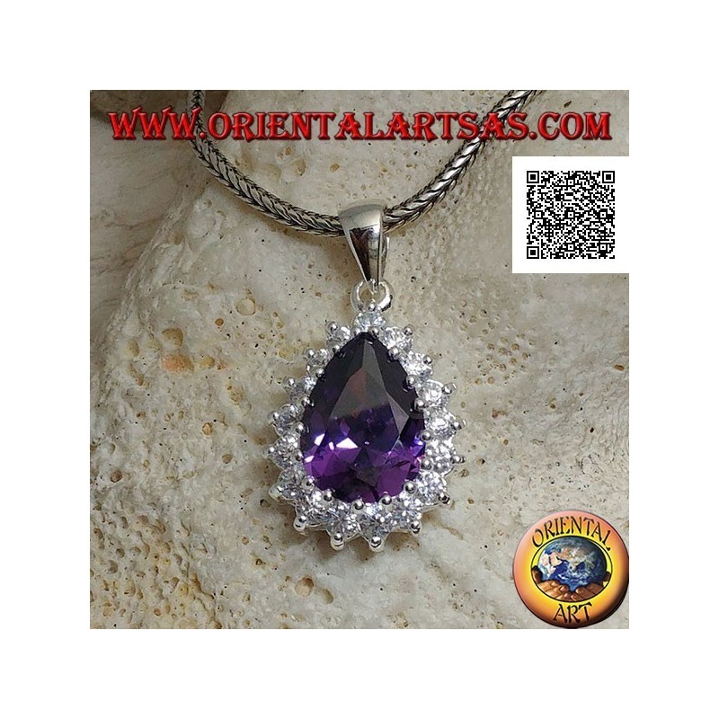 Pendentif en argent avec zircon de couleur améthyste en forme de goutte entouré de zircons blancs