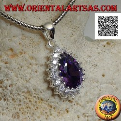 Silver pendant with drop-shaped amethyst colored zircon surrounded by white zircons