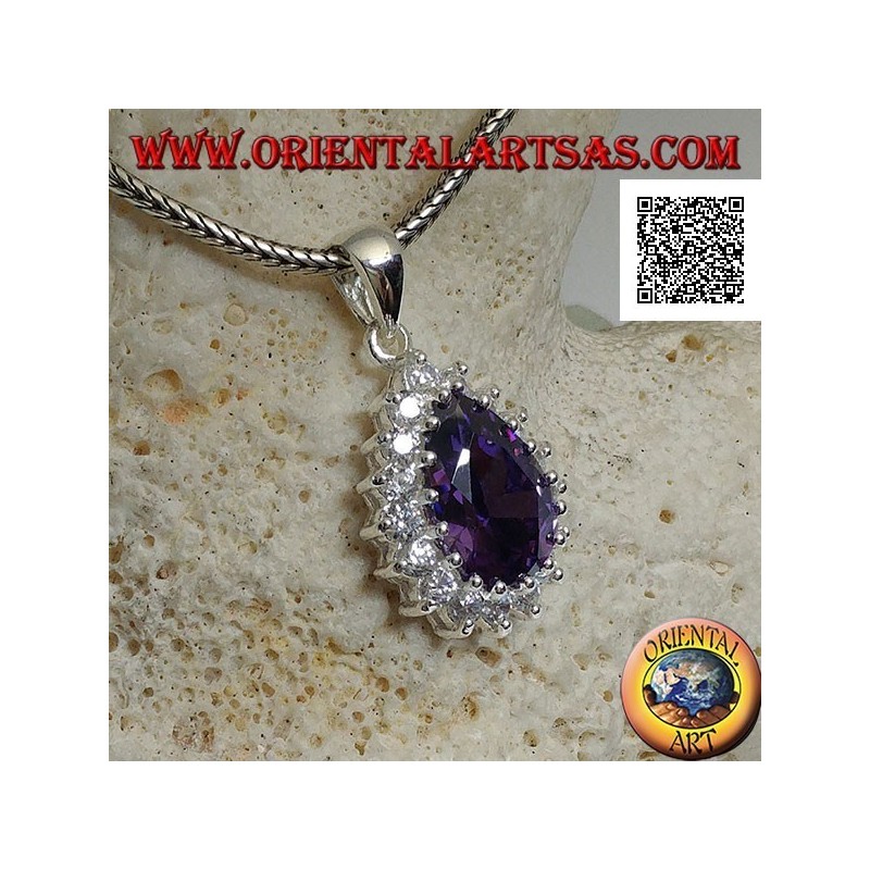 Colgante de plata con circón de color amatista en forma de gota rodeado de circonitas blancas