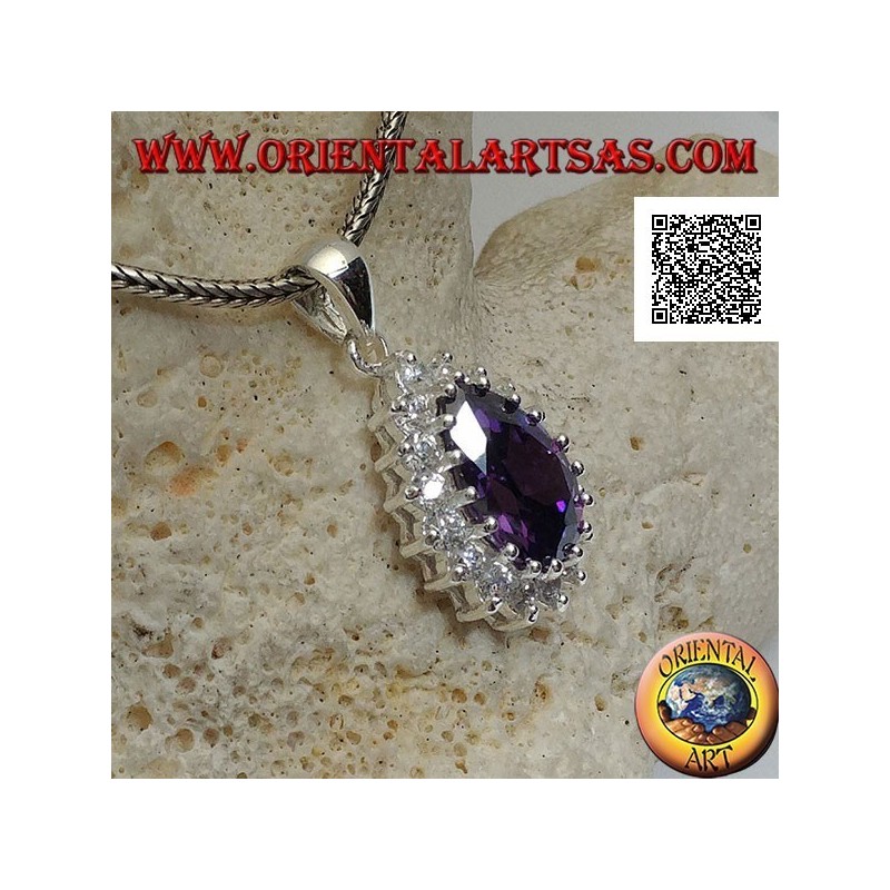 Pendentif en argent avec zircon de couleur améthyste en forme de goutte entouré de zircons blancs