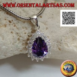 Silver pendant with drop-shaped amethyst colored zircon surrounded by white zircons