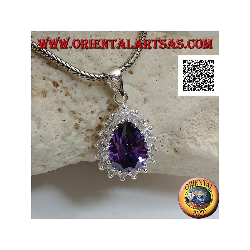 Colgante de plata con circón de color amatista en forma de gota rodeado de circonitas blancas