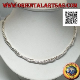 Necklace in 925 ‰ silver with a choker, silver tubes inserted in 7 intertwined threads