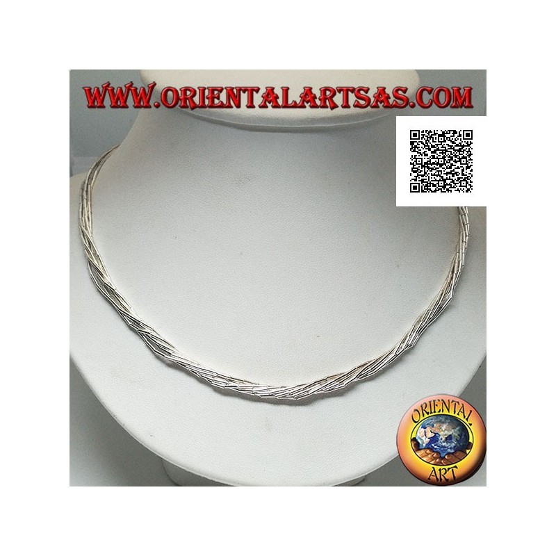 Necklace in 925 ‰ silver with a choker, silver tubes inserted in 7 intertwined threads
