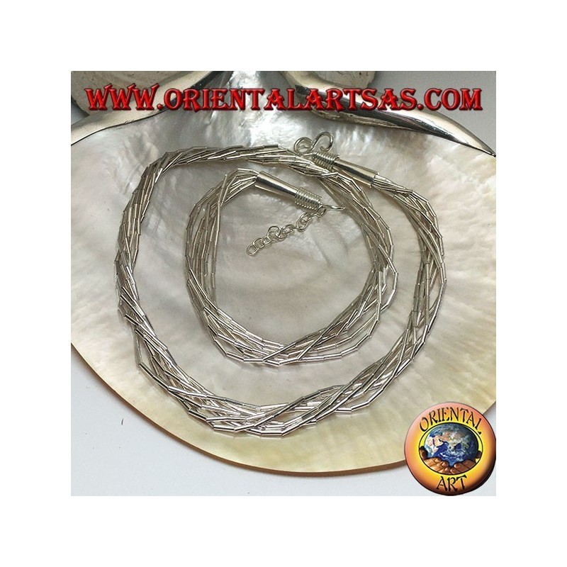 Necklace in 925 ‰ silver with a choker, silver tubes inserted in 7 intertwined threads