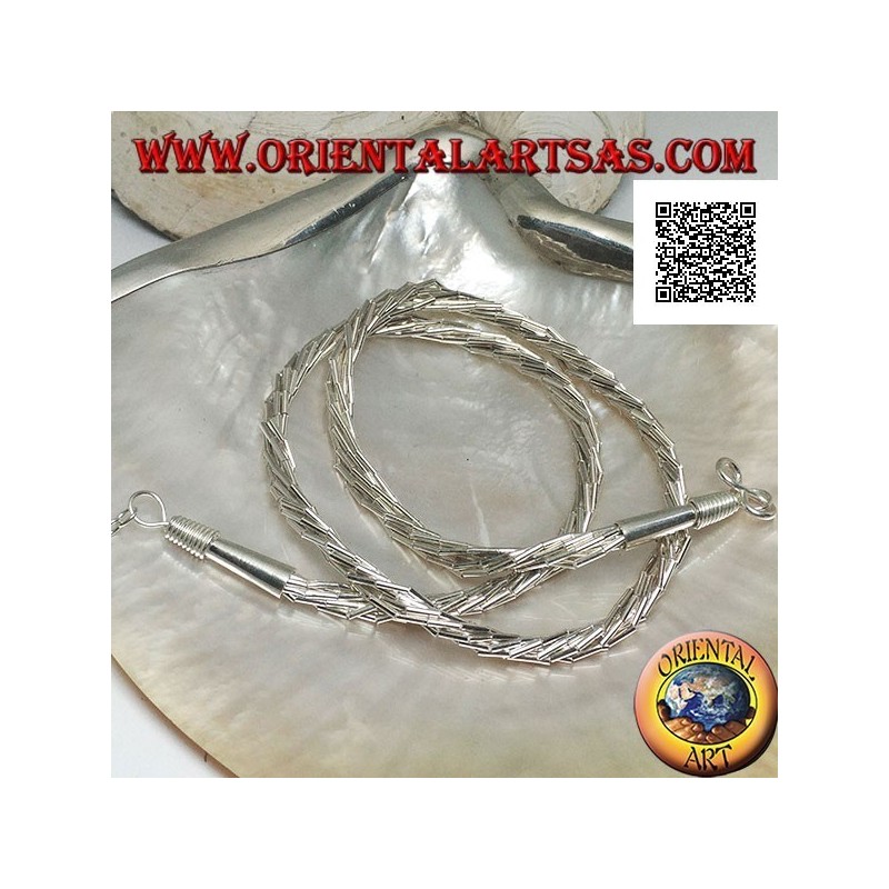 Necklace in 925 ‰ silver with a choker, silver tubes inserted in 7 intertwined threads