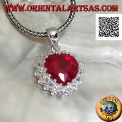 Silver pendant with heart-shaped ruby zircon surrounded by white zircons