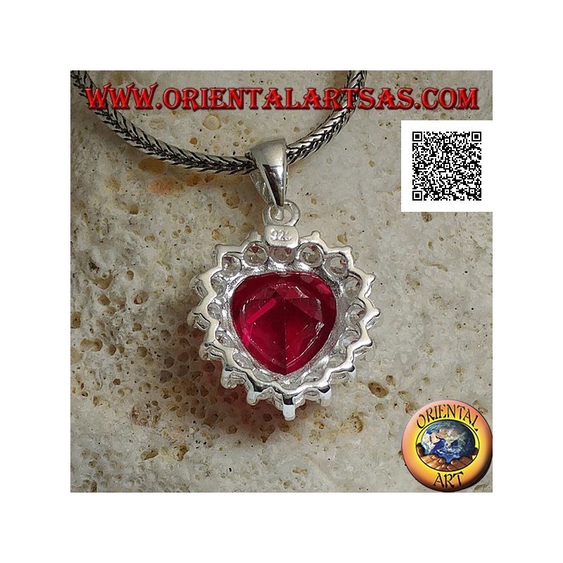 Silver pendant with heart-shaped ruby zircon surrounded by white zircons