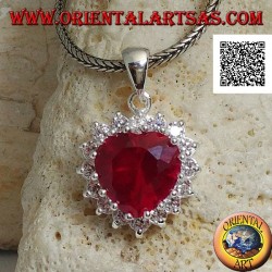 Silver pendant with heart-shaped ruby zircon surrounded by white zircons