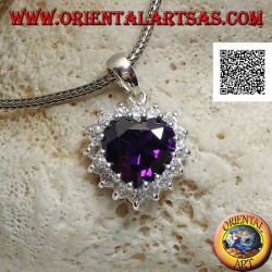 Pendentif en argent avec zircon couleur améthyste avec un coeur serti de zircons blancs
