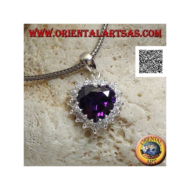 Silberanhänger mit amethystfarbenem Zirkon mit einem Herz, das von weißen Zirkonen umgeben ist