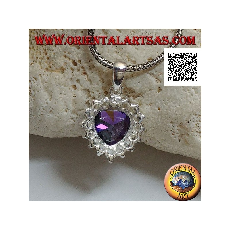Silver pendant with amethyst colored zircon with a heart set surrounded by white zircons