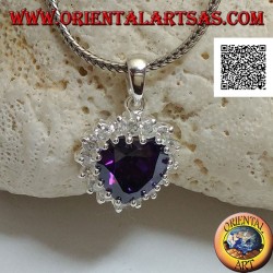 Pendentif en argent avec zircon couleur améthyste avec un coeur serti de zircons blancs