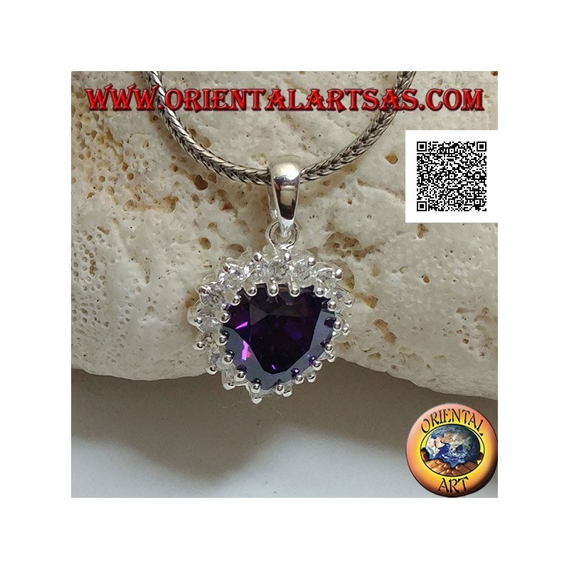 Silberanhänger mit amethystfarbenem Zirkon mit einem Herz, das von weißen Zirkonen umgeben ist