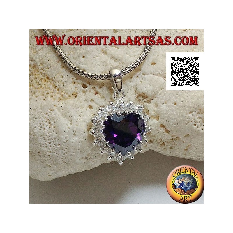 Silver pendant with amethyst colored zircon with a heart set surrounded by white zircons