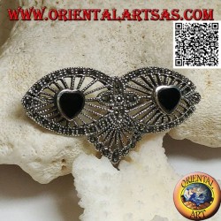 Silver brooch with two onyx hearts on filigree canvas with marcasite