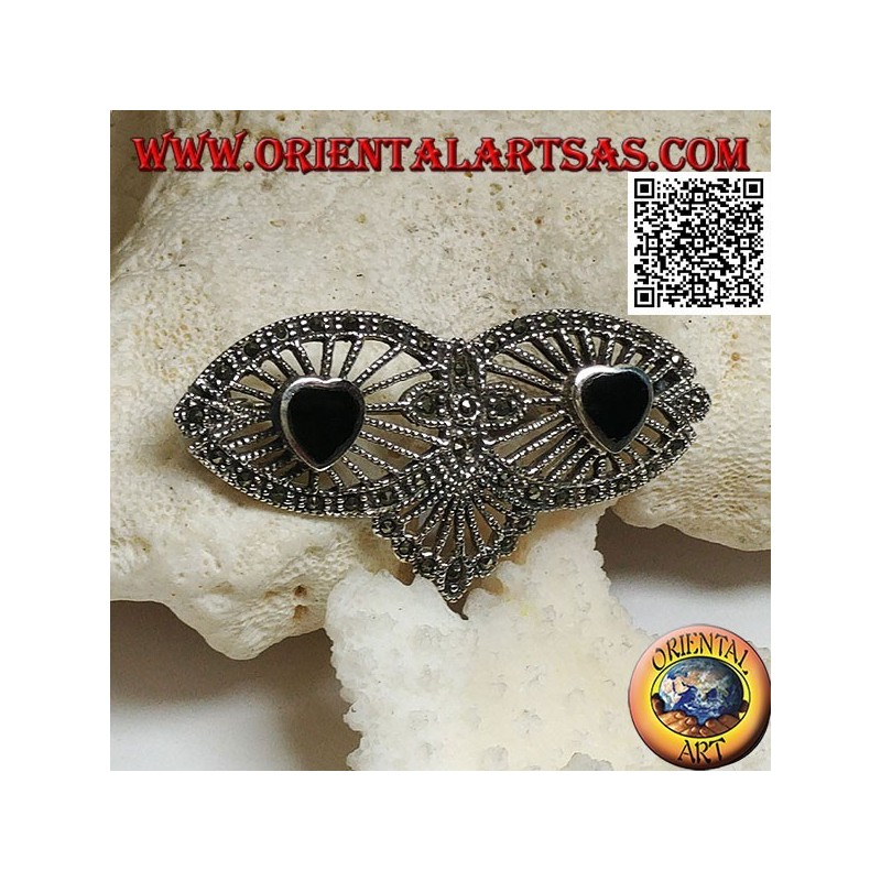Broche en argent avec deux coeurs onyx sur toile filigrane avec marcassite