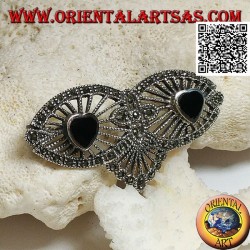 Silver brooch with two onyx hearts on filigree canvas with marcasite