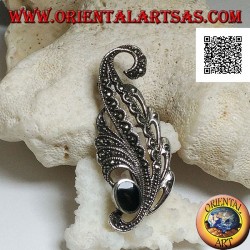 Silver brooch in the shape of a leaf studded with marcasite and with oval onyx