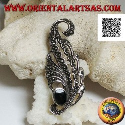 Silver brooch in the shape of a leaf studded with marcasite and with oval onyx