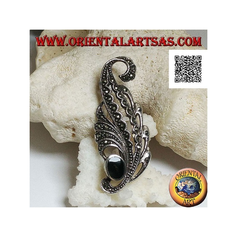 Broche en argent en forme de feuille parsemée de marcassite et d'onyx ovale