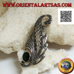 Silver brooch in the shape of a leaf studded with marcasite and with oval onyx
