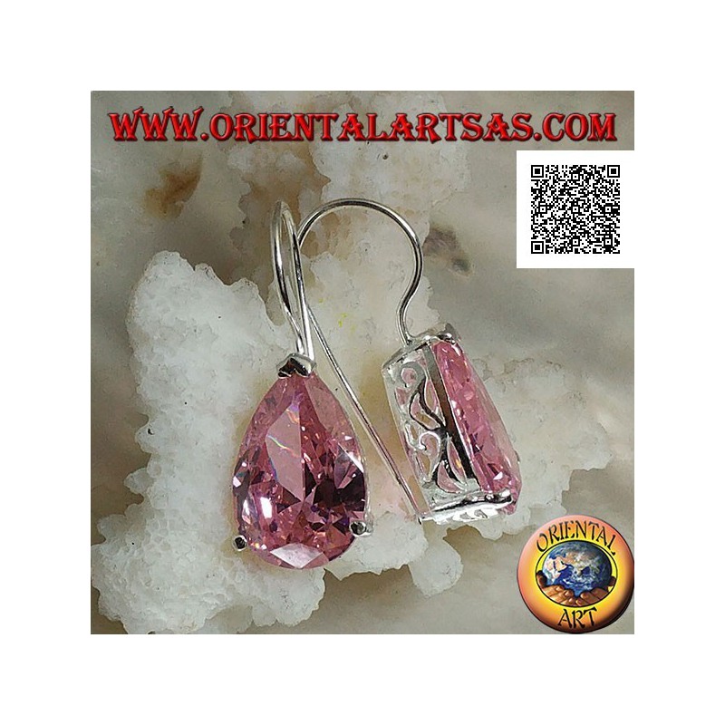 Dangling silver earrings with pink teardrop zircon set on a frame with lateral openings